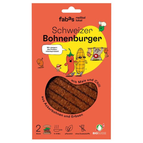 Schweizer Bohnenburger aus Ackerbohnen + Erbsen mit Mais + Chili Bio, 180g - fabas