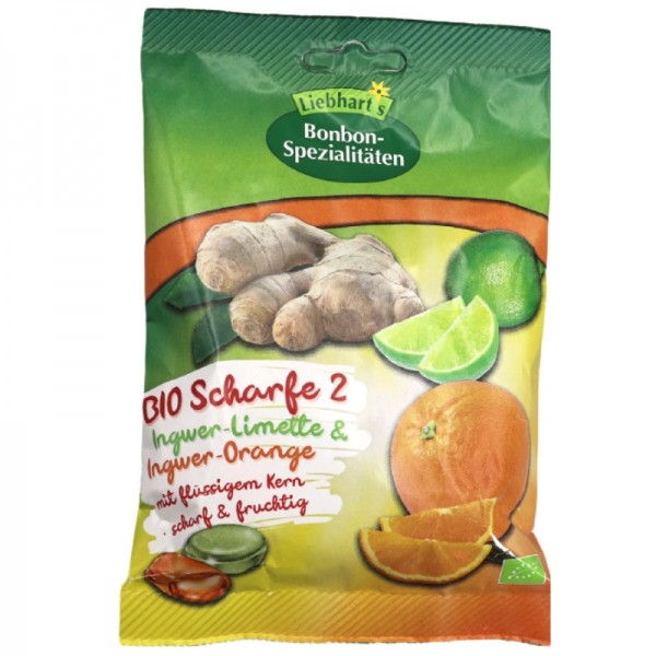 Scharfe 2 Ingwer-Limette & Ingwer-Orange mit flüssigem Kern Bio, 100g - Liebhart's