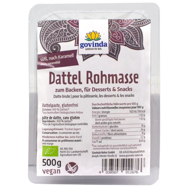 Dattel Rohmasse zum Backen, für Desserts & Snacks Bio, 500g - Govinda