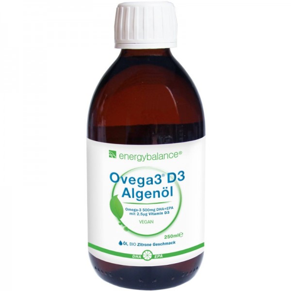 Ovega3 D3 Algenöl 500mg DHA+EPA mit 2.5µg Vitamin D3 Bio Zitronengeschmack, 250ml - Energybalance