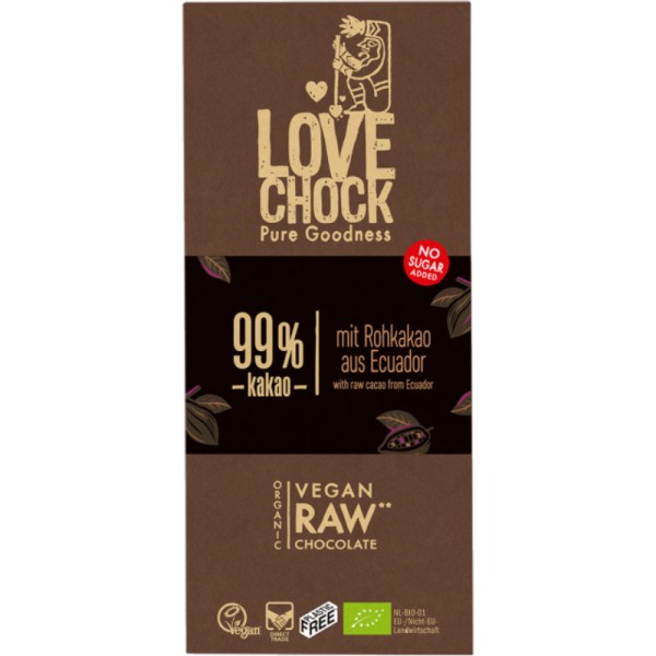 99% Edelbitter-Rohschokolade mit Rohkakao & ohne Zuckerzusatz Bio, 70g - Lovechock