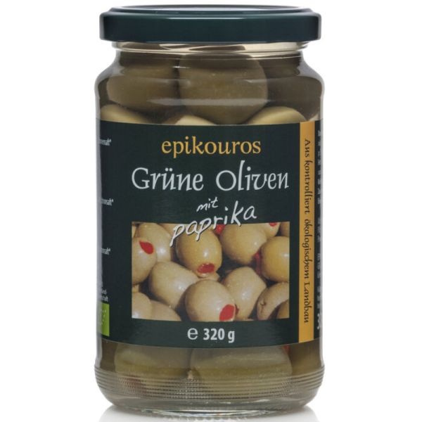 Grüne Oliven gefüllt mit rotem Paprika Bio, 320g - Epikouros