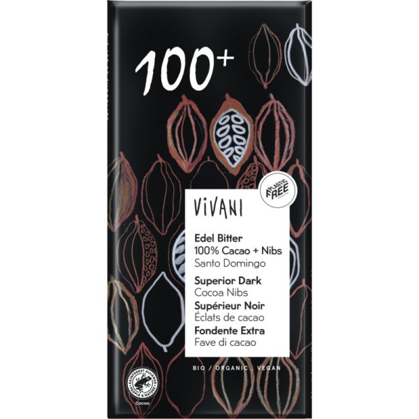 100% Edelbitter mit Kakaonibs Bio, 80g - Vivani