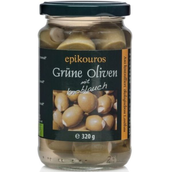 Grüne Oliven gefüllt mit Knoblauch Bio, 320g - Epikouros
